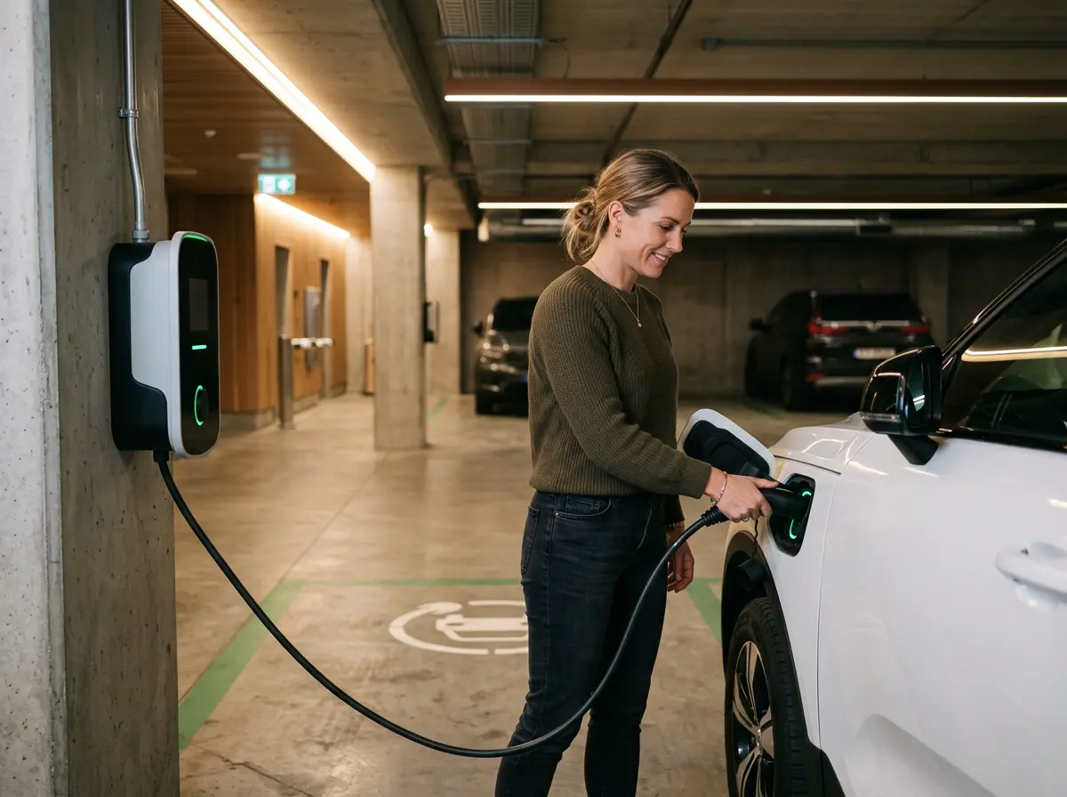 Woman plugging in her electric vehicle at a modern charging station