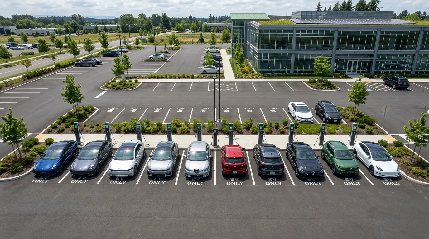 Aerial view of a modern parking lot with multiple electric vehicles plugged into charging stations